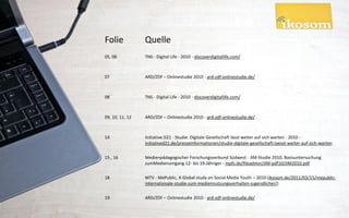 Folie            Quelle
05, 06           TNS - Digital Life - 2010 - discoverdigitallife.com/



07               ARD/ZDF – Onlinestudie 2010 - ard-zdf-onlinestudie.de/



08               TNS - Digital Life - 2010 - discoverdigitallife.com/



09, 10, 11, 12   ARD/ZDF – Onlinestudie 2010 - ard-zdf-onlinestudie.de/



14               Initiative D21 - Studie: Digitale Gesellschaft lässt weiter auf sich warten - 2010 -
                 initiatived21.de/presseinformationen/studie-digitale-gesellschaft-laesst-weiter-auf-sich-warten

15 , 16          Medienpädagogischer Forschungsverbund Südwest - JIM-Studie 2010, Basisuntersuchung
                 zumMedienumgang 12- bis 19-Jähriger - mpfs.de/fileadmin/JIM-pdf10/JIM2010.pdf

18               MTV - MePublic, A Global study on Social Media Youth – 2010 (ikosom.de/2011/03/15/mepublic-
                 internationale-studie-zum-mediennutzungsverhalten-jugendlicher/)

19               ARD/ZDF – Onlinestudie 2010 - ard-zdf-onlinestudie.de/
 