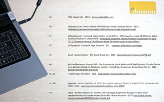 38       TNS - Digital Life - 2010 - discoverdigitallife.com/



40       allfacebook.de - Neuer Rekord: 600 Millionen aktive Facebook Nutzer - 2011 -
         allfacebook.de/news/neuer-rekord-600-millionen-aktive-facebook-nutzer

41       allfacebook.de - Facebook Nutzerzahlen im April 2011 – 10% Zuwachs, knapp 18 Millionen aktive
         Facebook Nutzer in Deutschland - allfacebook.de/zahlen_fakten/facebook-nutzerzalen-im-april-
         2011-10-zuwachs-knapp-18-millionen-aktive-facebook-nutzer-in-deutschland
42       All Facebook - Facebook Page Statistivs - 2011 - statistics.allfacebook.com/pages



43       Exact Target/coTweet - The Social Break-Up – 2011 - exacttarget.com/resources/SFF8.pdf



44       eCircle/Mediacom Science/GMI - Der Europäische Social Media und E-Mail Monitor 6 Länder Studie
         zum digitalen Dialog mit Facebook, Twitter, E-Mail & Co. (Ergebnisse Deutschland Teil 1) – 2010 -
         ecircle.com/de/email-and-social
45, 46   Twitter Blog- #numbers - 2011 - blog.twitter.com/2011/03/numbers.html



47, 48   sysomos - Twitter Statistics for 2010, An in-depth report at Twitter´s Growth 2010, compared with
         2009 - 2010 - sysomos.com/insidetwitter/twitter-stats-2010/

49       result - Kommunikation auf Twitter, Eine Typologie, Empirische Analyse auf Basis einer
         repräsentativen Stichprobe aktiver deutscher Twitter Accounts - 2010 - result-blog.de/wp-
         content/uploads/2010/10/Twitter-Studie.pdf
 
