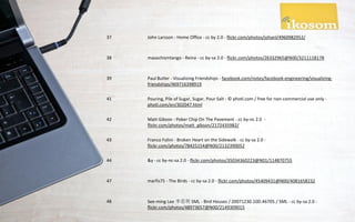 37   John Larsson - Home Office - cc by 2.0 - flickr.com/photos/johanl/4960982952/



38   masochismtango - Reina - cc by-sa 2.0 - flickr.com/photos/26332965@N00/3211118178



39   Paul Butler - Visualizing Friendships - facebook.com/notes/facebook-engineering/visualizing-
     friendships/469716398919

41   Pouring, Pile of Sugar, Sugar, Pour Salt - © photl.com / free for non-commercial use only -
     photl.com/en/302047.html

42   Matt Gibson - Poker Chip On The Pavement - cc by-nc 2.0 -
     flickr.com/photos/matt_gibson/2172435982/

43   Franco Folini - Broken Heart on the Sidewalk - cc by-sa 2.0 -
     flickr.com/photos/78425154@N00/2132390052

44   &y - cc by-nc-sa 2.0 - flickr.com/photos/35034360223@N01/114870755



47   marfis75 - The Birds - cc by-sa 2.0 - flickr.com/photos/45409431@N00/4081658232



48   See-ming Lee 李思明 SML - Bird Houses / 20071230.10D.46705 / SML - cc by-sa 2.0 -
     flickr.com/photos/48973657@N00/2149309015
 