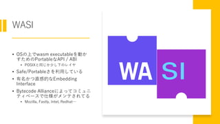 WASI
• OSの上でwasm executableを動か
すためのPortableなAPI / ABI
• POSIXと同じか少し下のレイヤ
• Safe/Portableさを利用している
• 有名かつ直感的なEmbedding
Interface
• Bytecode Allianceによってコミュニ
ティベースで仕様がメンテされてる
• Mozilla, Fastly, Intel, Redhat…
 
