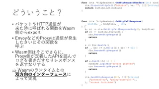 どういうこと？
• パケットやHTTP通信が
来た時に呼ばれる関数をWasm
側からexport
• EnvoyなどのProxyは通信が発生
したさいにその関数を
呼ぶ
• Wasm側はそこでさらに、
Proxy側が定義したAPIを読んで
ログを書きだすなりレスポンス
を返すなりする
 Wasmのランタイムとの
双方向のインターフェースに
よって実現
 