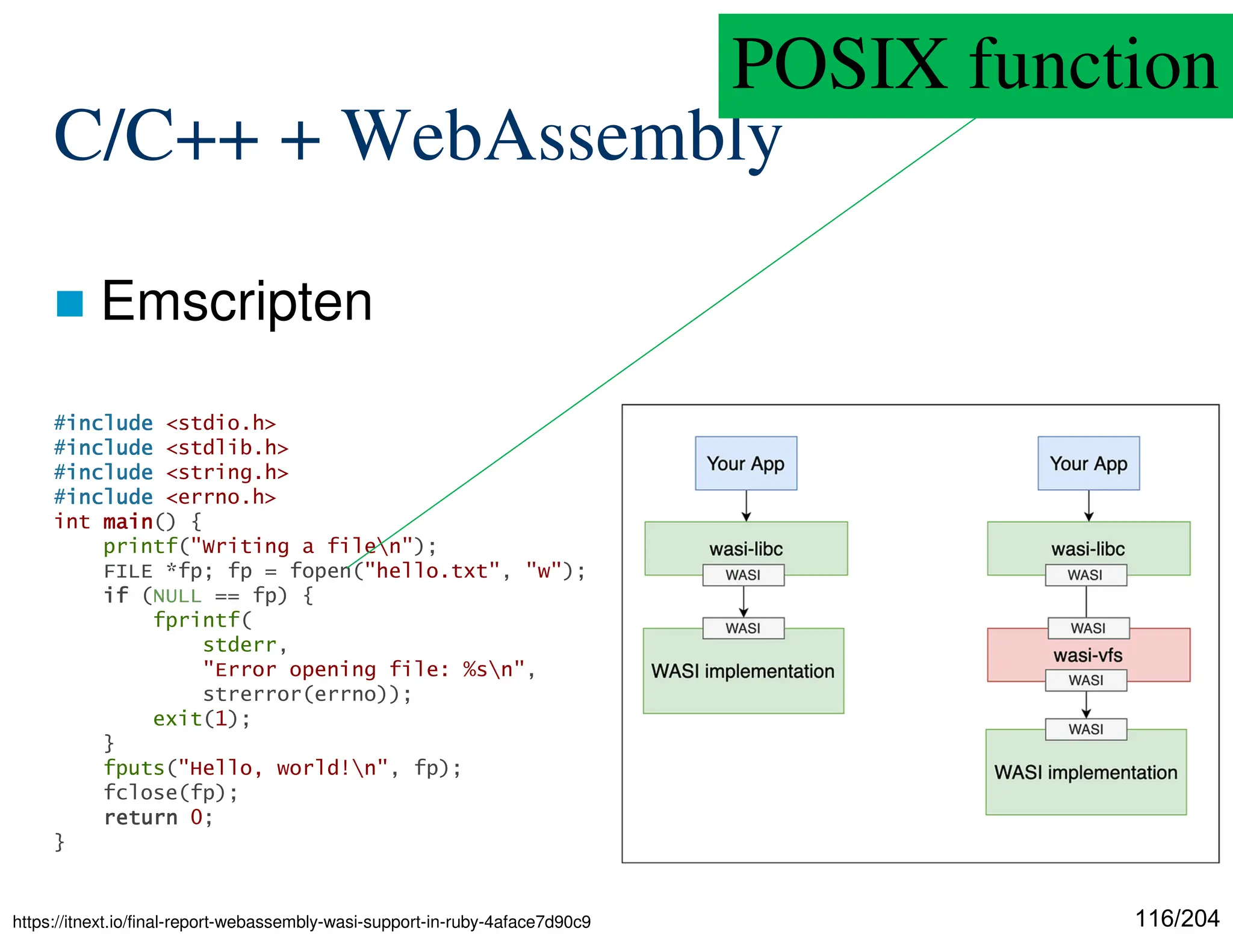 116/204
C/C++ + WebAssembly
 Emscripten
#include
include
include
include <stdio.h>
#include
include
include
include <stdlib.h>
#include
include
include
include <string.h>
#include
include
include
include <errno.h>
int main
main
main
main() {
printf("Writing a filen");
FILE *fp; fp = fopen("hello.txt", "w");
if
if
if
if (NULL == fp) {
fprintf(
stderr,
"Error opening file: %sn",
strerror(errno));
exit(1);
}
fputs("Hello, world!n", fp);
fclose(fp);
return
return
return
return 0;
}
https://itnext.io/final-report-webassembly-wasi-support-in-ruby-4aface7d90c9
POSIX function
 