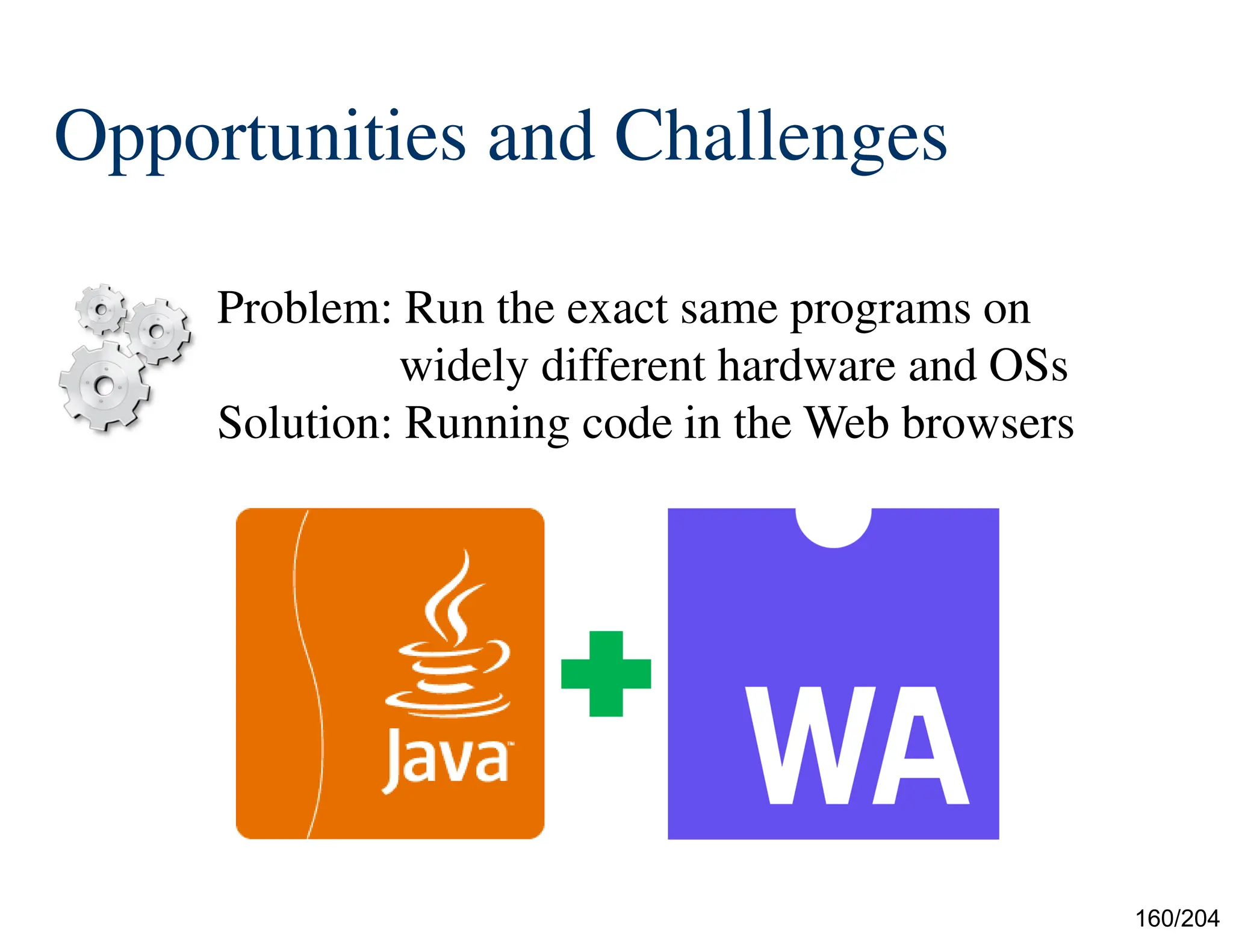 160/204
Opportunities and Challenges
Problem: Run the exact same programs on
widely different hardware and OSs
Solution: Running code in the Web browsers
 