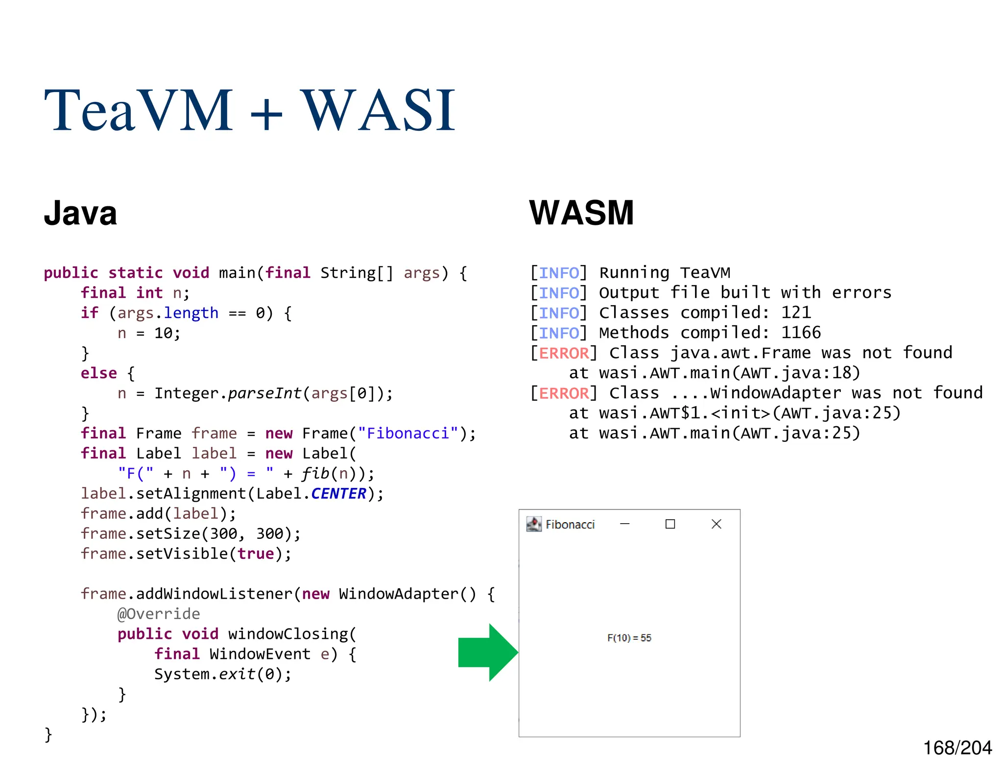 168/204
TeaVM + WASI
Java WASM
public static void main(final String[] args) {
final int n;
if (args.length == 0) {
n = 10;
}
else {
n = Integer.parseInt(args[0]);
}
final Frame frame = new Frame("Fibonacci");
final Label label = new Label(
"F(" + n + ") = " + fib(n));
label.setAlignment(Label.CENTER);
frame.add(label);
frame.setSize(300, 300);
frame.setVisible(true);
frame.addWindowListener(new WindowAdapter() {
@Override
public void windowClosing(
final WindowEvent e) {
System.exit(0);
}
});
}
[INFO
INFO
INFO
INFO] Running TeaVM
[INFO
INFO
INFO
INFO] Output file built with errors
[INFO
INFO
INFO
INFO] Classes compiled: 121
[INFO
INFO
INFO
INFO] Methods compiled: 1166
[ERROR
ERROR
ERROR
ERROR] Class java.awt.Frame was not found
at wasi.AWT.main(AWT.java:18)
[ERROR
ERROR
ERROR
ERROR] Class ....WindowAdapter was not found
at wasi.AWT$1.<init>(AWT.java:25)
at wasi.AWT.main(AWT.java:25)
 