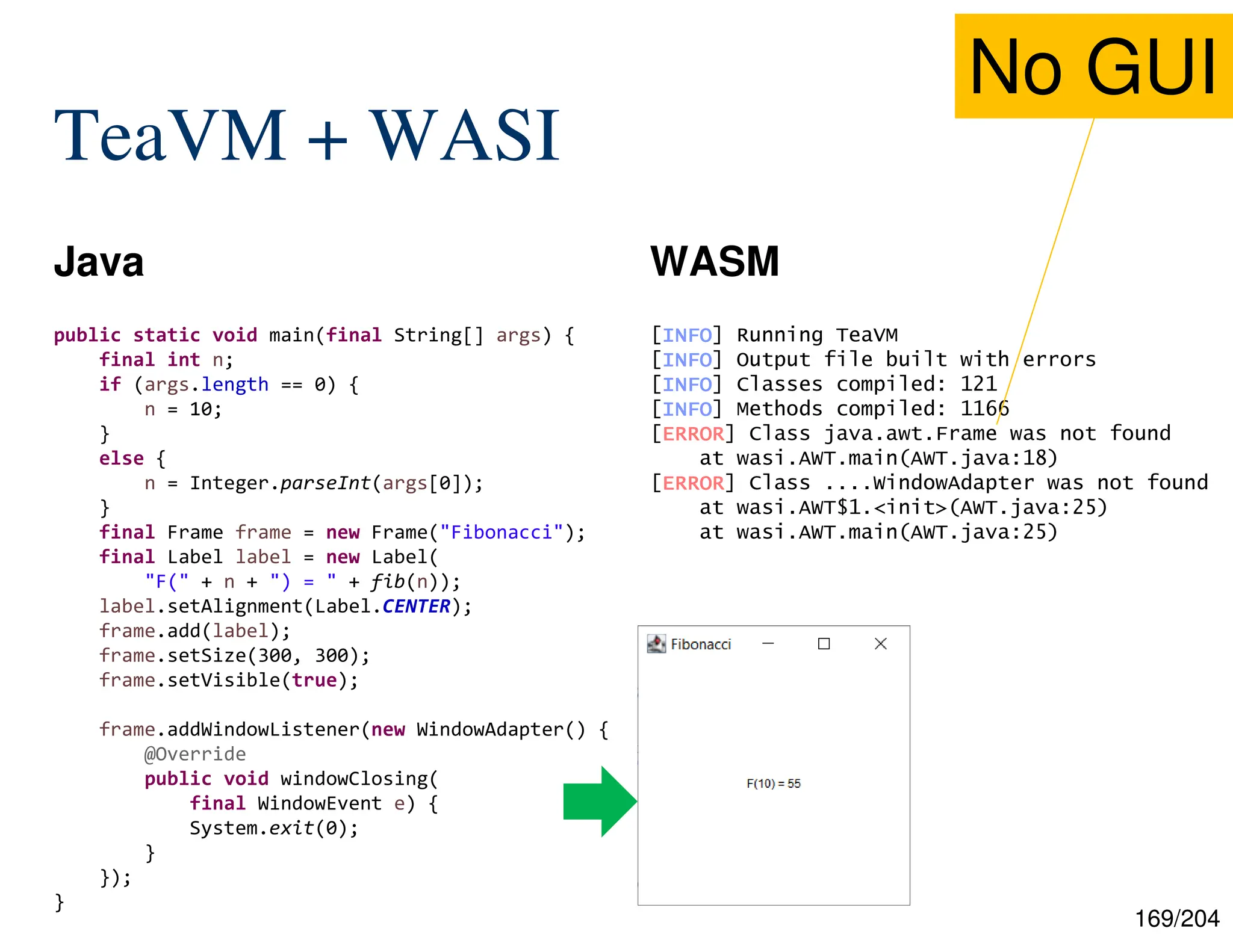 169/204
TeaVM + WASI
Java WASM
public static void main(final String[] args) {
final int n;
if (args.length == 0) {
n = 10;
}
else {
n = Integer.parseInt(args[0]);
}
final Frame frame = new Frame("Fibonacci");
final Label label = new Label(
"F(" + n + ") = " + fib(n));
label.setAlignment(Label.CENTER);
frame.add(label);
frame.setSize(300, 300);
frame.setVisible(true);
frame.addWindowListener(new WindowAdapter() {
@Override
public void windowClosing(
final WindowEvent e) {
System.exit(0);
}
});
}
[INFO
INFO
INFO
INFO] Running TeaVM
[INFO
INFO
INFO
INFO] Output file built with errors
[INFO
INFO
INFO
INFO] Classes compiled: 121
[INFO
INFO
INFO
INFO] Methods compiled: 1166
[ERROR
ERROR
ERROR
ERROR] Class java.awt.Frame was not found
at wasi.AWT.main(AWT.java:18)
[ERROR
ERROR
ERROR
ERROR] Class ....WindowAdapter was not found
at wasi.AWT$1.<init>(AWT.java:25)
at wasi.AWT.main(AWT.java:25)
No GUI
 
