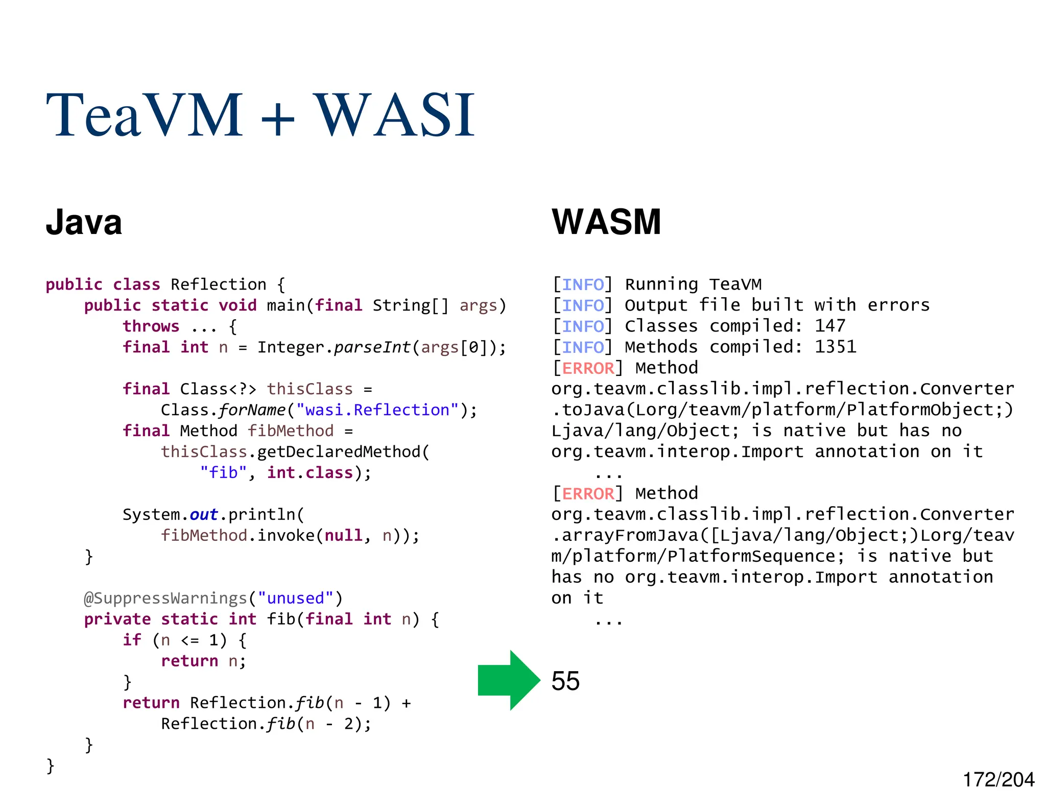 172/204
TeaVM + WASI
Java WASM
public class Reflection {
public static void main(final String[] args)
throws ... {
final int n = Integer.parseInt(args[0]);
final Class<?> thisClass =
Class.forName("wasi.Reflection");
final Method fibMethod =
thisClass.getDeclaredMethod(
"fib", int.class);
System.out.println(
fibMethod.invoke(null, n));
}
@SuppressWarnings("unused")
private static int fib(final int n) {
if (n <= 1) {
return n;
}
return Reflection.fib(n - 1) +
Reflection.fib(n - 2);
}
}
55
[INFO
INFO
INFO
INFO] Running TeaVM
[INFO
INFO
INFO
INFO] Output file built with errors
[INFO
INFO
INFO
INFO] Classes compiled: 147
[INFO
INFO
INFO
INFO] Methods compiled: 1351
[ERROR
ERROR
ERROR
ERROR] Method
org.teavm.classlib.impl.reflection.Converter
.toJava(Lorg/teavm/platform/PlatformObject;)
Ljava/lang/Object; is native but has no
org.teavm.interop.Import annotation on it
...
[ERROR
ERROR
ERROR
ERROR] Method
org.teavm.classlib.impl.reflection.Converter
.arrayFromJava([Ljava/lang/Object;)Lorg/teav
m/platform/PlatformSequence; is native but
has no org.teavm.interop.Import annotation
on it
...
 