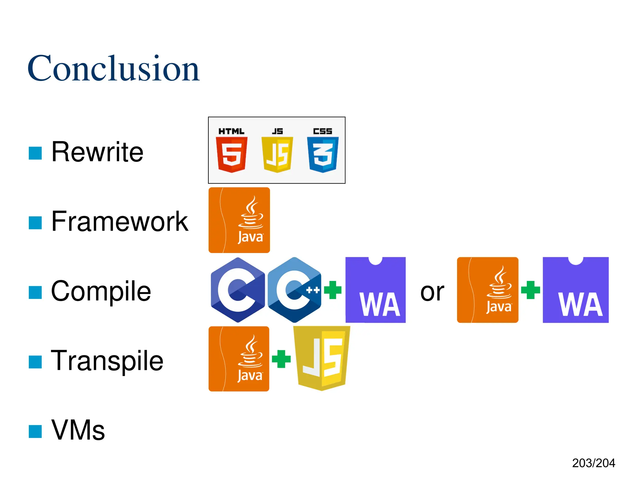 203/204
Conclusion
 Rewrite
 Framework
 Compile or
 Transpile
 VMs
 