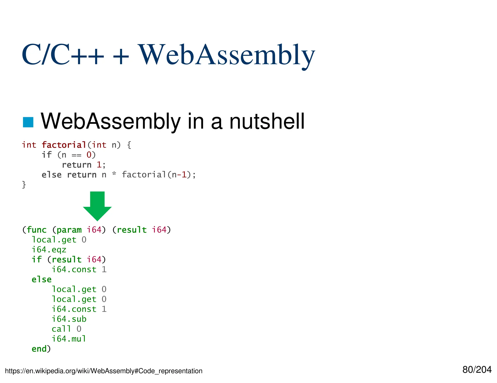 80/204
C/C++ + WebAssembly
 WebAssembly in a nutshell
https://en.wikipedia.org/wiki/WebAssembly#Code_representation
int factorial
factorial
factorial
factorial(int n) {
if
if
if
if (n == 0)
return
return
return
return 1;
else
else
else
else return
return
return
return n * factorial(n-1);
}
(func
func
func
func (param
param
param
param i64) (result
result
result
result i64)
local.get 0
i64.eqz
if
if
if
if (result
result
result
result i64)
i64.const 1
else
else
else
else
local.get 0
local.get 0
i64.const 1
i64.sub
call 0
i64.mul
end
end
end
end)
 