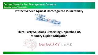 Current Security And Management Concerns
Operating System Vulnerability
Protect Service Against Unrecognized Vulnerability
Third-Party Solutions Protecting Unpatched OS
Memory Exploit Mitigation
 