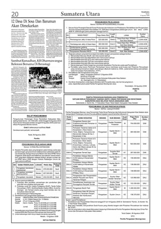 20                                                                                                   Sumatera Utara    WASPADA
                                                                                                                              Kamis
                                                                                                                      6 Agustus 2009



12 Desa Di Sosa Dan Barumun
Akan Dimekarkan
SIBUHUAN (Waspada):                 balai desa sekitar Batang Bulu,    Pagur Satio, Batang Bulu Lama,
Sebanyak sembilan desa              Desa Banua Tonga, Kec. Baru-       Batang Bulu Baru, Banua Tonga,
                                    mun, Selasa (4/8).                 Gunung Intan, Gunung Barani,
dari Kec. Barumun dan tiga
                                        Dikatakan bupati, peme-        Sayur Maincat dan Desa Pana-
desa dari Kec. Sosa, Kab.           karan kecamatan bertujuan          rian. Sedangkan dari Kec. Sosa,
Padang Lawas akan segera            memperpendek rentang ken-          Desa Hapung, Hapung Torop
dimekarkan. Ke-12 desa              dali dalam peningkatan mutu        dan Desa Batu Gajah.
yang akan digabungkan               pelayanan, mempercepat ter-            Untuk nama dan ibukota
                                    wujudnya peningkatan kese-         kecamatan, lanjut Bupati, akan
menjadi kecamatan itu
                                    jahteraan masyarakat dan           ditetapkan dalam paripurna
diparipurnakan DPRD                 memperkokoh basis ekonomi          yang akan diselenggarakan
Padang Lawas pada 11                rakyat.                            pada 11 Agustus nanti.
Agustus yang akan datang.               “Saya berharap agar selu-          Ditambahkan bupati, Jalan
                                    ruh lapisan masyarakat dapat       Hapung sepanjang 11 km de-
                                    menerima dan mendukung             ngan kondisi rusak berat terhi-
    Bupati Padang Lawas Basy-       upaya percepatan dan pemera-       tung dari ruas jalan dari depan
rah Lubis mengungkapkan hal         taan pembangunan yang sedang       Puskesmas Tanjung Botung,
itu dalam acara penyambutan         kita laksanakan,” ujar bupati.     begitu juga dari Simpang Harang
bulan suci Ramadhan 1430 H              Adapun desa yang akan          hinga ke Desa Harang sepanjang
yang dilaksanakan Wirit Yassin      dimekarkan, yakni Kec. Baru-       2.5 km, akan diperbaiki secara
Amaliah Akbar Batang Bulu di        mun, Desa Tanjung Purba,           bertahap. (crif)


Sambut Ramadhan, KB Dharmawangsa
Rekreasi Bersama Di Berastagi
    MEDAN (Waspada): Me-
nyambut bulan suci Ramadhan
1430 H, sebanyak 130 keluarga
besar (KB) Yayasan Pendidikan
Dharmawangsa melaksanakan
rekreasi bersama di Bukit Kubu,
Berastagi, Sabtu-Minggu (1-2/8).
    Demikian Ketua Panitia
Salahuddin Has, SH, MA di-
dampingi Sekretarisnya Dra Fa-
rida Hanum, Rabu (5/8). Menu-
rutnya, rekreasi bersama ini ber-
tujuan untuk menjalin ukhuwah
Islamiyah seluruh keluarga
besar Dharmawangsa, baik itu
pihak rektorat, dosen, guru-
guru SMA, karyawan dan selu-                                                                 Waspada/dede

ruh fungsionaris di Dharma-         FOTO BERSAMA: Seluruh keluarga besar Yayasan Pendidikan
wangsa.                             DHarmawangsa foto bersama saat melaksanakan rekreasi
    “Ke depan kita harapkan de-     bersama di Bukit Kubu, Berastagi, Sabtu-Minggu (1-2/8).
ngan rekreasi ini terjalin hubu-
ngan yang harmonis antara           kepenatan yang dialami seluruh     sebut Farida.
semua elemen yang berada di         elemen di Yayasan Pendidikan           Turut hadir dalam kesem-
dalam kampus Yayasan Pendi-         Dharmawangsa yang selama ini       patan itu Rektor Universitas
dikan Dharmawangsa, apalagi         beraktivitas penuh di dalam        Dharmawangsa Kusbianto, SH.
bulan suci Ramadhan akan se-        kegiatan belajar mengajar (KBM).   MHum, PR I Prof Lahmuddin
gera tiba,” kata Salahuddin yang        Dalam rekreasi itu selain      Lubis, PR II Muzzakir, SE, Prof.
juga PR III Universitas Dhar-       menjalin keakraban di antara       Dr. RM. H. Subanindyo H, SH
mawangsa ini.                       civitas akademika juga diisi de-   Prof. Suhedi, SH, M.Hum, Ke-
    Ditambahkan Farida Ha-          ngan berbagai perlombaan di        pala SMA Drs. Sutrisno danWakil
num, rekreasi ini dilaksanakan      antaranya, bola basket, arobik,    Kepsek Drs. Ahmad Syamsuri
untuk memulihkan kembali            melukis wajah dan lucky draw,      Matondang. (m43)
 
