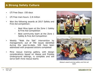 • LTI Free Days: 150 days
• LTI Free man-hours: 2.8 million
• Won the following awards at 2017 Safety and
First Aid competition:
• Best Mine team at the Zone 1 Safety
& First Aid Competition
• Best community team at the Zone 1
Safety & First Aid Competition
• Weekly “Walk the Talk” intervention by
management; out of 740 issues identified
during the year-to-date, 520 have been
addressed with proposed actions completed
• Mine rescue training gallery, with design
considerations based on Wassa and Prestea
Underground settings, is complete and will
serve both mine rescue teams
8
A Strong Safety Culture
NYSE: GSS
TSX: GSC
Wassa’s award winning safety and first aid
team
 