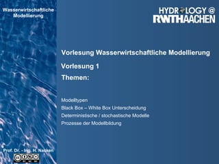 Vorlesung 1 Modelltypen  Black Box – White Box Unterscheidung Deterministische / stochastische Modelle Prozesse der Modellbildung Vorlesung Wasserwirtschaftliche Modellierung Themen:     
