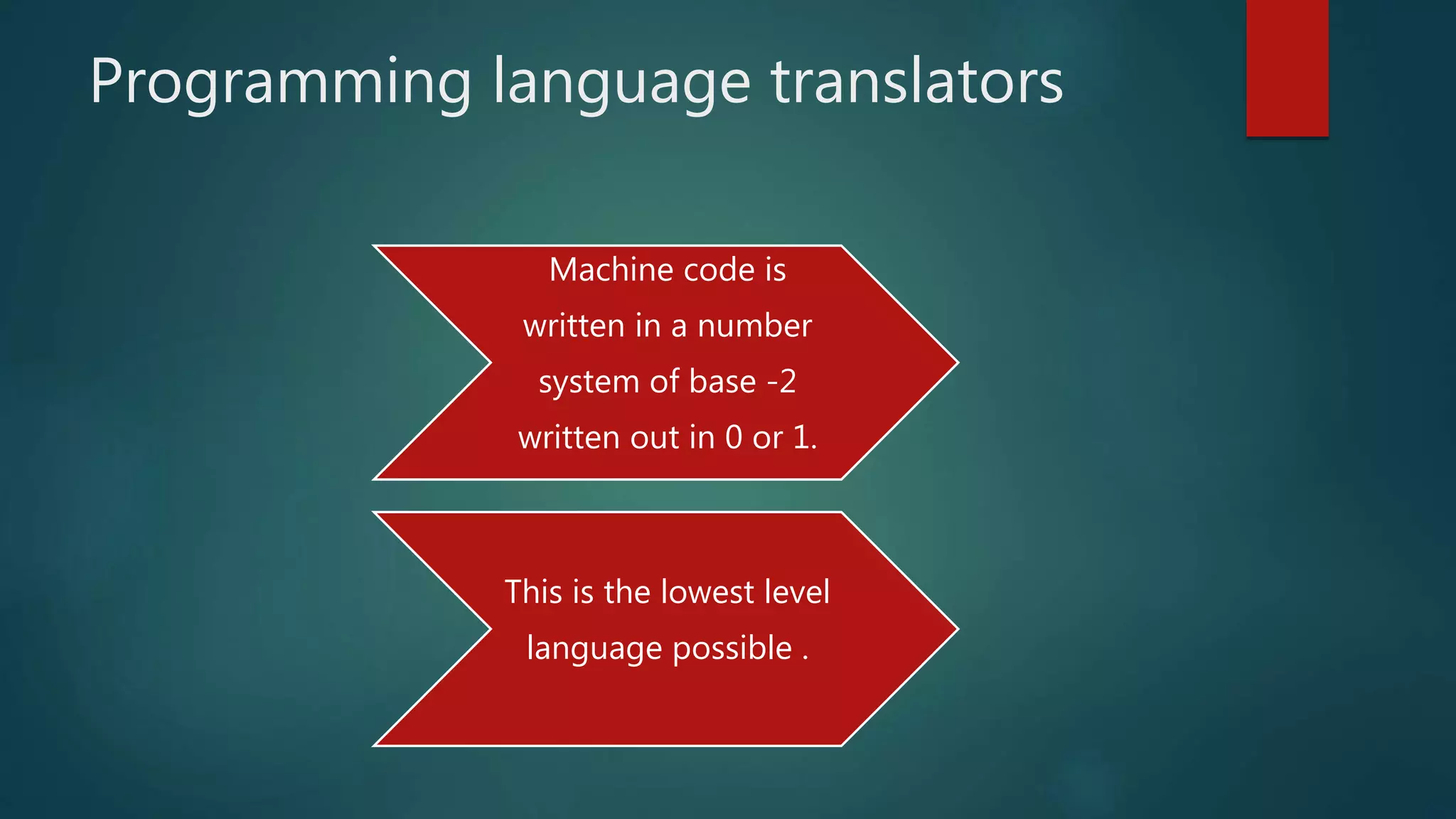 Programming language translators
Machine code is
written in a number
system of base -2
written out in 0 or 1.
This is the lowest level
language possible .
 