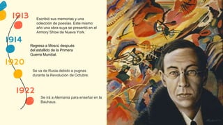 1913
1914
1920
1922
Regresa a Moscú después
del estallido de la Primera
Guerra Mundial.
Escribió sus memorias y una
colección de poesías. Este mismo
año una obra suya se presentó en el
Armory Show de Nueva York.
Se va de Rusia debido a pugnas
durante la Revolución de Octubre.
Se irá a Alemania para enseñar en la
Bauhaus.
 