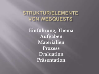 Struktur/Elementevon WebQuestsEinführung, ThemaAufgabenMaterialienProzessEvaluationPräsentation