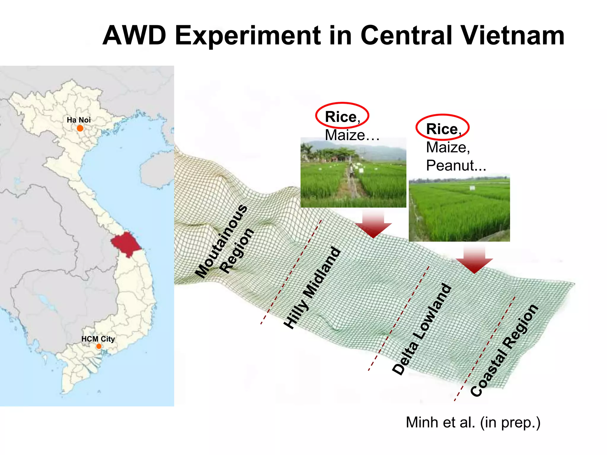 AWD Experiment in Central Vietnam 
Rice, 
Maize, 
Peanut... 
Rice, 
Maize… 
Ha Noi 
HCM City 
Minh et al. (in prep.) 
 
