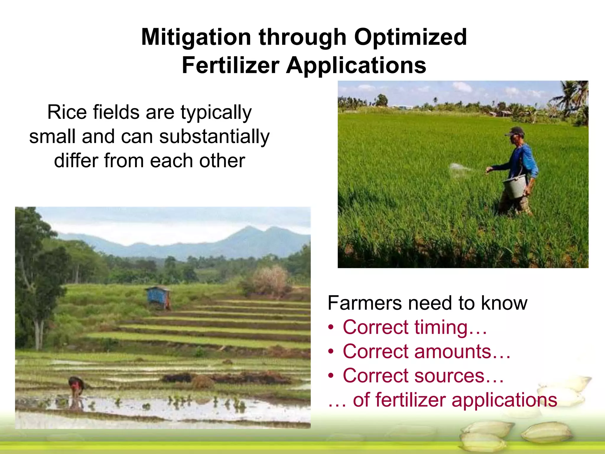 Mitigation through Optimized 
Fertilizer Applications 
Farmers need to know 
• Correct timing… 
• Correct amounts… 
• Correct sources… 
… of fertilizer applications 
Rice fields are typically 
small and can substantially 
differ from each other 
 