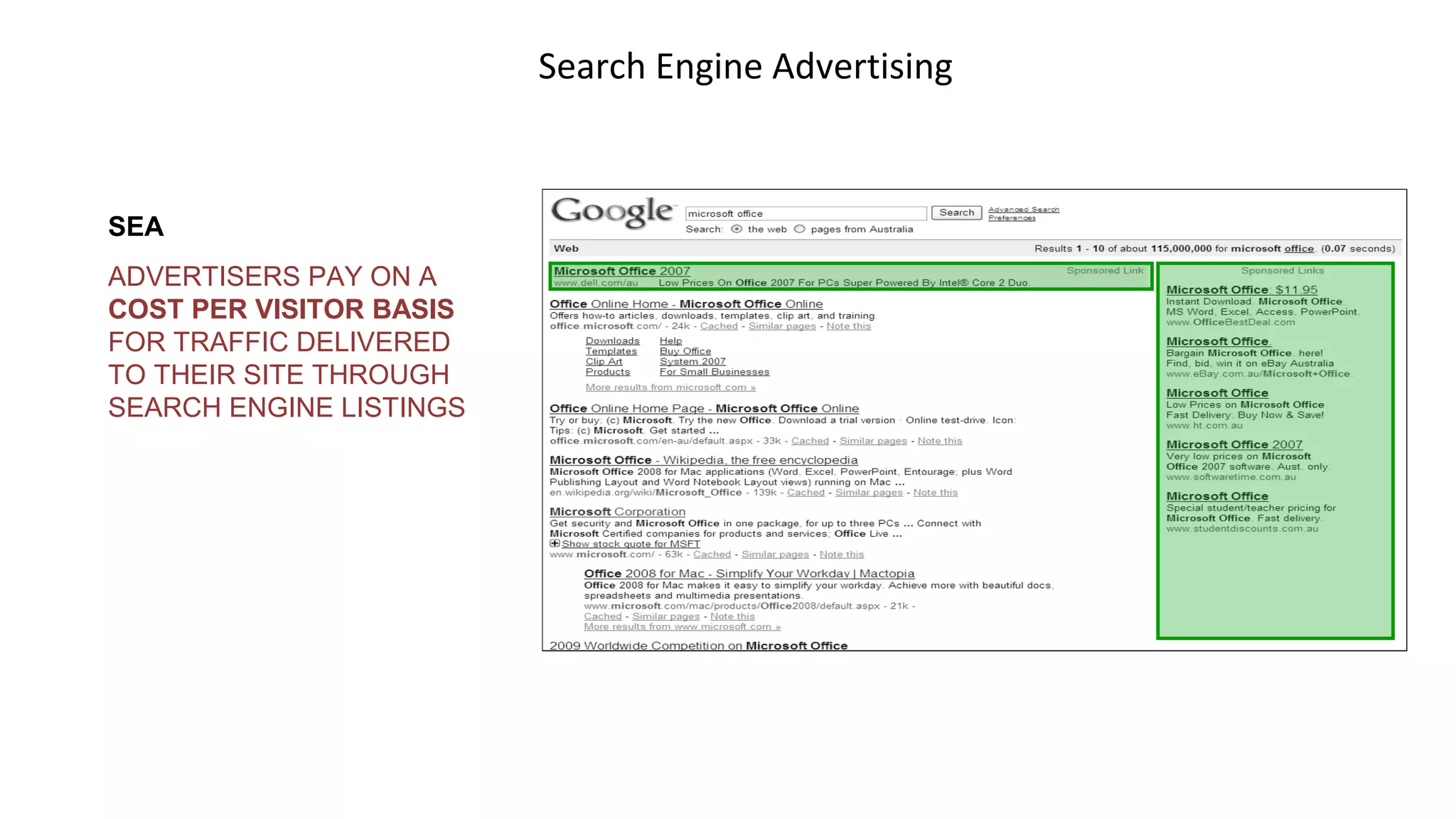 Search Engine Advertising
SEA
ADVERTISERS PAY ON A
COST PER VISITOR BASIS
FOR TRAFFIC DELIVERED
TO THEIR SITE THROUGH
SEARCH ENGINE LISTINGS
 