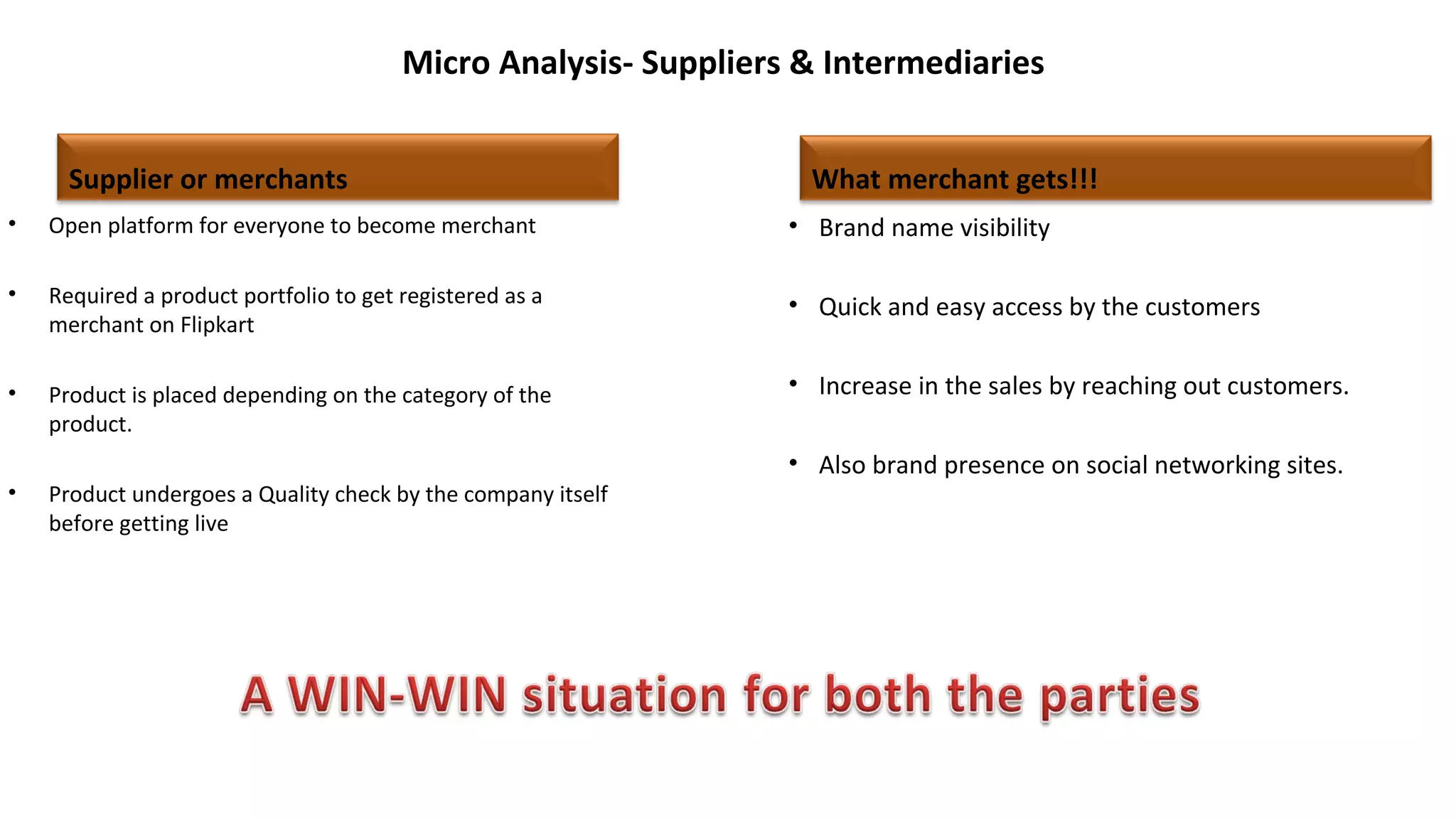 Micro Analysis- Suppliers & Intermediaries
Supplier or merchants What merchant gets!!!
• Open platform for everyone to become merchant
• Required a product portfolio to get registered as a
merchant on Flipkart
• Product is placed depending on the category of the
product.
• Product undergoes a Quality check by the company itself
before getting live
• Brand name visibility
• Quick and easy access by the customers
• Increase in the sales by reaching out customers.
• Also brand presence on social networking sites.
 