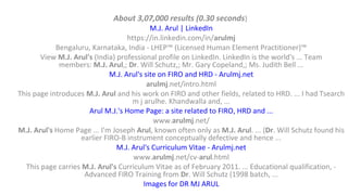 About 3,07,000 results (0.30 seconds)
M.J. Arul | LinkedIn
https://in.linkedin.com/in/arulmj
Bengaluru, Karnataka, India - LHEP™ (Licensed Human Element Practitioner)™
View M.J. Arul's (India) professional profile on LinkedIn. LinkedIn is the world's ... Team
members: M.J. Arul,; Dr. Will Schutz,; Mr. Gary Copeland,; Ms. Judith Bell ...
M.J. Arul's site on FIRO and HRD - Arulmj.net
arulmj.net/intro.html
This page introduces M.J. Arul and his work on FIRO and other fields, related to HRD. ... I had Tsearch
m j arulhe. Khandwalla and, ...
Arul M.J.'s Home Page: a site related to FIRO, HRD and ...
www.arulmj.net/
M.J. Arul's Home Page ... I'm Joseph Arul, known often only as M.J. Arul. ... (Dr. Will Schutz found his
earlier FIRO-B instrument conceptually defective and hence ...
M.J. Arul's Curriculum Vitae - Arulmj.net
www.arulmj.net/cv-arul.html
This page carries M.J. Arul's Curriculum Vitae as of February 2011. ... Educational qualification, -
Advanced FIRO Training from Dr. Will Schutz (1998 batch, ...
Images for DR MJ ARUL
 