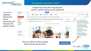 Content Network
Theme Content
(Text Ads)
Video Targeting
Video Sites
Video Ads
Contextual Targeting - Gmail
Google shows Ads after evaluating the
context and the relevancy of its placement
Gmail Ads
Contextual
targeting
reduces the
cost of
conversion and
improves the
quality of lead.
There are 100’s of similar website
where the ads can be shown
 