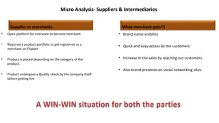 Micro Analysis- Suppliers & Intermediaries
Supplier or merchants What merchant gets!!!
• Open platform for everyone to become merchant
• Required a product portfolio to get registered as a
merchant on Flipkart
• Product is placed depending on the category of the
product.
• Product undergoes a Quality check by the company itself
before getting live
• Brand name visibility
• Quick and easy access by the customers
• Increase in the sales by reaching out customers.
• Also brand presence on social networking sites.
 