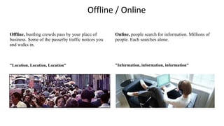 Offline / Online
Offline, bustling crowds pass by your place of
business. Some of the passerby traffic notices you
and walks in.
"Location, Location, Location"
Online, people search for information. Millions of
people. Each searches alone.
"Information, information, information"
 