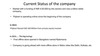 Current Status of the company
• Started with a funding of INR 4,00,000 by the owners and now a billion dollar
company.
In 2013:
•Flipkart Raised USD 160 Million from private equity investor
• Flipkart is operating online since the beginning of the company
• First offline store opened in Bangalore named fliptomania
• Company is going ahead with more offline store in Metro cities like Delhi, Kolkata, etc.
 
