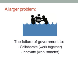 A larger problem:




     The failure of government to:
       •  Collaborate (work together)
         •  Innovate (work smarter)
 