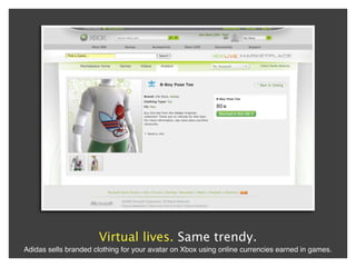 Virtual lives. Same trendy.
Adidas sells branded clothing for your avatar on Xbox using online currencies earned in games.
 