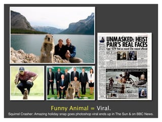 Funny Animal = Viral.
Squirrel Crasher: Amazing holiday snap goes photoshop viral ends up in The Sun & on BBC News.
 