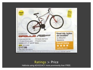 Ratings > Price
Halfords using ADVOCACY more prominently than FREE.
 