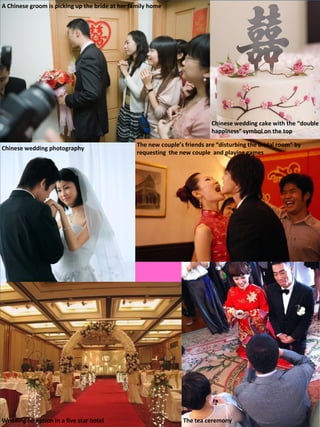 A Chinese groom is picking up the bride at her family home




                                                                          Chinese wedding cake with the “double
                                                                          happiness” symbol on the top

                                                 The new couple’s friends are “disturbing the bridal room” by
Chinese wedding photography                        Friends at the new couples house to “disturbing the bridal
                                                 requesting the new couple and playing games
                                                   room”




A Chinese wedding in hotel




                                                                                            18
Wedding reception in a five star hotel                           The tea ceremony
 