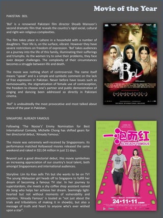 Movie of the Year
PAKISTAN : BOL

'Bol‘ is a renowned Pakistani film director Shoaib Mansoor’s
second dramatic film that reveals the country’s rigid social, cultural
and right-win religious complexities.

The film takes place in Lahore in a household with a number of
daughters. Their life is, on the surface, vibrant. However they have
severe restrictions on freedom of expression. ‘Bol’ takes audiences
on a journey into the life of this family, illuminating their sufferings
and triumphs. As the women try to solve their problems, they face
even deeper challenges. The complexity of their circumstances
becomes a struggle between life and death.

The movie was nothing short of controversial. The name itself
means “speak” and is a simple and symbolic comment on the lack
of free expression in Pakistan. Never before have issues such as
homosexuality, the stigmatization of female use of contraception,
the freedom to choose one’s partner and public demonstration of
singing and dancing been addressed so directly in Pakistani
cinema.

‘Bol” is undoubtedly the most provocative and most talked about
movie of the year in Pakistan.


SINGAPORE: ALREADY FAMOUS

Following ‘The Noose’s’ Emmy Nomination for Best
International Comedy, Michelle Chong has shifted gears for
her directorial debut, ‘Already Famous.’

The movie was extremely well-received by Singaporeans. Its
performance matched Hollywood movies released the same
weekend and raked in S$1.04 million in just 11 days.

Beyond just a good directorial debut, this movie symbolises
an increasing appreciation of our country’s local talent, both
amongst Singaporeans and international audiences.

Storyline: Lim Ka Kiao sells TVs but she wants to be on TV!
The young Malaysian girl heads off to Singapore to fulfill her
dream of becoming a famous TV star. In her journey to
superstardom, she meets a shy coffee shop assistant named
Ah Seng who helps her achieve her dream. Seemingly light-
hearted but not without moments of vulnerability and
emotion, ‘Already Famous’ is touted as "not just about the
trials and tribulations of making it in showbiz, but also a
message of truth and heart to anyone who's ever wished
upon a star".
 