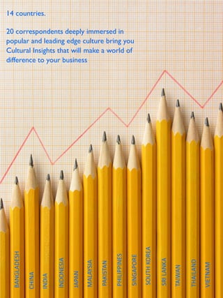 14 countries.

20 correspondents deeply immersed in
popular and leading edge culture bring you
Cultural Insights that will make a world of
difference to your business




                                                                                                   SOUTH KOREA
  BANGLADESH




                                                                         PHILIPPINES

                                                                                       SINGAPORE
                               INDONESIA




                                                                                                                 SRI LANKA



                                                                                                                                      THAILAND
                                                   MALAYSIA

                                                              PAKISTAN




                                                                                                                                                 VIETNAM
                                                                                                                             TAIWAN
                                           JAPAN
               CHINA

                       INDIA
 