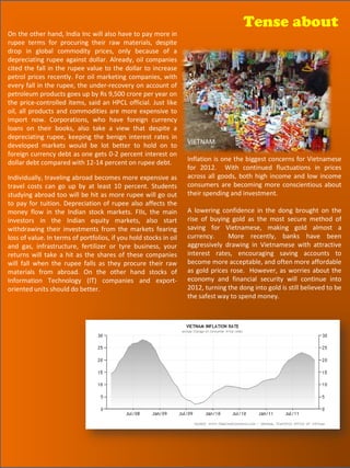Tense about                                                                            Tense about
On the other hand, India Inc will also have to pay more in
rupee terms for procuring their raw materials, despite
drop in global commodity prices, only because of a
depreciating rupee against dollar. Already, oil companies
cited the fall in the rupee value to the dollar to increase
petrol prices recently. For oil marketing companies, with
every fall in the rupee, the under-recovery on account of
petroleum products goes up by Rs 9,500 crore per year on
the price-controlled items, said an HPCL official. Just like
oil, all products and commodities are more expensive to
import now. Corporations, who have foreign currency
loans on their books, also take a view that despite a
depreciating rupee, keeping the benign interest rates in
                                                                   VIETNAM
developed markets would be lot better to hold on to
foreign currency debt as one gets 0-2 percent interest on
                                                                   Inflation is one the biggest concerns for Vietnamese
dollar debt compared with 12-14 percent on rupee debt.
                                                                   for 2012. With continued fluctuations in prices
Individually, traveling abroad becomes more expensive as           across all goods, both high income and low income
travel costs can go up by at least 10 percent. Students            consumers are becoming more conscientious about
studying abroad too will be hit as more rupee will go out          their spending and investment.
to pay for tuition. Depreciation of rupee also affects the
money flow in the Indian stock markets. FIIs, the main             A lowering confidence in the dong brought on the
investors in the Indian equity markets, also start                 rise of buying gold as the most secure method of
withdrawing their investments from the markets fearing             saving for Vietnamese, making gold almost a
loss of value. In terms of portfolios, if you hold stocks in oil   currency.     More recently, banks have been
and gas, infrastructure, fertilizer or tyre business, your         aggressively drawing in Vietnamese with attractive
returns will take a hit as the shares of these companies           interest rates, encouraging saving accounts to
will fall when the rupee falls as they procure their raw           become more acceptable, and often more affordable
materials from abroad. On the other hand stocks of                 as gold prices rose. However, as worries about the
Information Technology (IT) companies and export-                  economy and financial security will continue into
oriented units should do better.                                   2012, turning the dong into gold is still believed to be
                                                                   the safest way to spend money.




                                                                                                       63
 