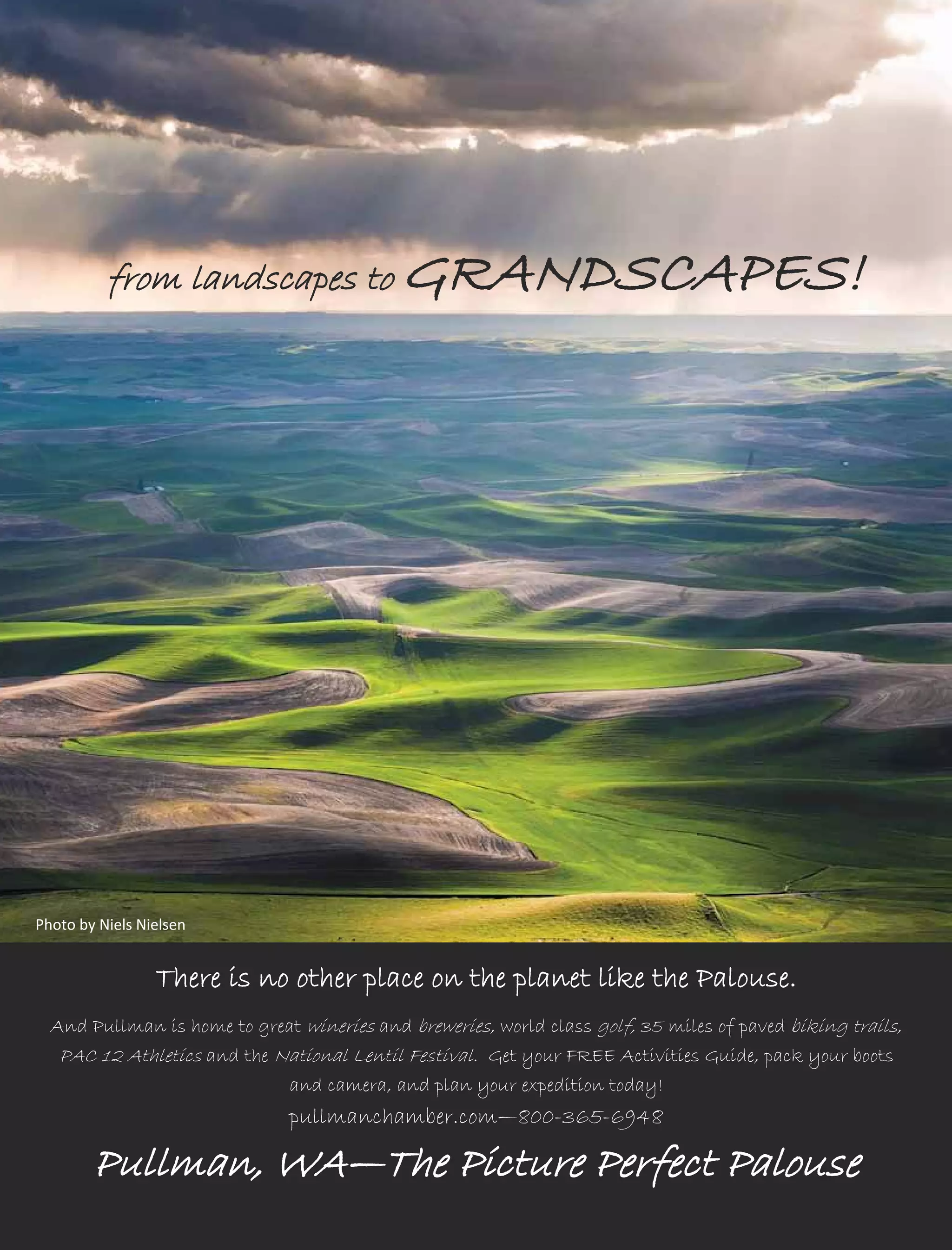 from landscapes to GRANDSCAPES!
Pullman, WA—The Picture Perfect Palouse
There is no other place on the planet like the Palouse.
And Pullman is home to great wineries and breweries, world class golf, 35 miles of paved biking trails,
PAC 12 Athletics and the National Lentil Festival. Get your FREE Activities Guide, pack your boots
and camera, and plan your expedition today!
pullmanchamber.com—800-365-6948
Photo by Niels Nielsen 
 