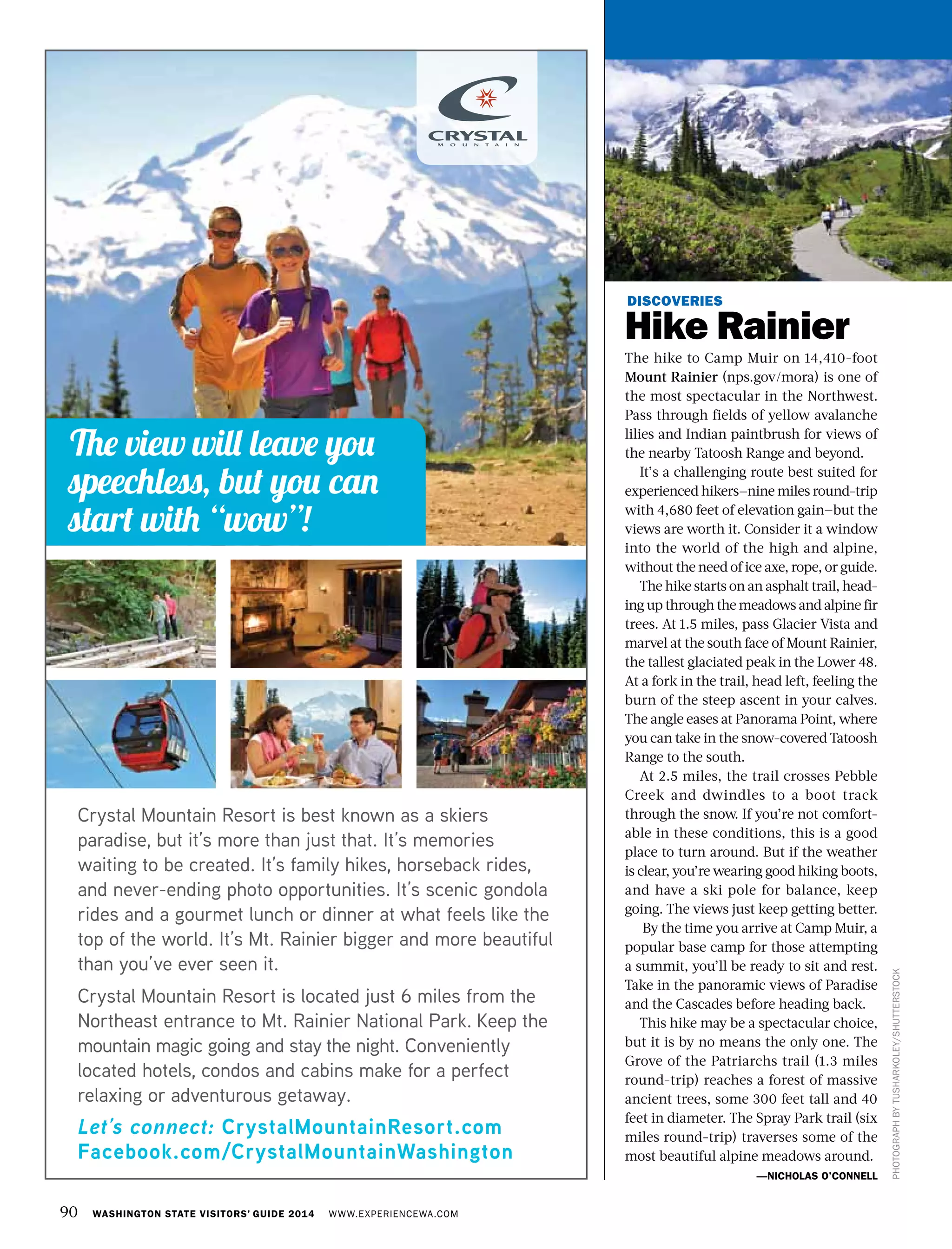 90 WASHINGTON STATE VISITORS’ GUIDE 2014 WWW.EXPERIENCEWA.COM
DISCOVERIES
Hike Rainier
The hike to Camp Muir on 14,410-foot
Mount Rainier (nps.gov/mora) is one of
the most spectacular in the Northwest.
Pass through fields of yellow avalanche
lilies and Indian paintbrush for views of
the nearby Tatoosh Range and beyond.
It’s a challenging route best suited for
experienced hikers—nine miles round-trip
with 4,680 feet of elevation gain—but the
views are worth it. Consider it a window
into the world of the high and alpine,
without the need of ice axe, rope, or guide.
The hike starts on an asphalt trail, head-
ing up through the meadows and alpine fir
trees. At 1.5 miles, pass Glacier Vista and
marvel at the south face of Mount Rainier,
the tallest glaciated peak in the Lower 48.
At a fork in the trail, head left, feeling the
burn of the steep ascent in your calves.
The angle eases at Panorama Point, where
you can take in the snow-covered Tatoosh
Range to the south.
At 2.5 miles, the trail crosses Pebble
Creek and dwindles to a boot track
through the snow. If you’re not comfort-
able in these conditions, this is a good
place to turn around. But if the weather
is clear, you’re wearing good hiking boots,
and have a ski pole for balance, keep
going. The views just keep getting better.
By the time you arrive at Camp Muir, a
popular base camp for those attempting
a summit, you’ll be ready to sit and rest.
Take in the panoramic views of Paradise
and the Cascades before heading back.
This hike may be a spectacular choice,
but it is by no means the only one. The
Grove of the Patriarchs trail (1.3 miles
round-trip) reaches a forest of massive
ancient trees, some 300 feet tall and 40
feet in diameter. The Spray Park trail (six
miles round-trip) traverses some of the
most beautiful alpine meadows around.
—NICHOLAS O’CONNELL
PHOTOGRAPHBYTUSHARKOLEY/SHUTTERSTOCK
 