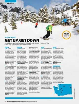 wanderlust
16 Washington State Visitors’ Guide 2014 www.experiencewa.com
North
1 Mt. Baker
The mountain that holds
the world record for
snowfall—95 feet fell
here in 1998–1999—
is huge among board-
ers and skiers (including
Olympian Angeli Van-
Laanen) thanks to trees,
bowls, and double blacks
galore. winter.mtbaker.us
Vertical: 1,500 feet
Trails: 38; 23% easy,
35% medium, 42% expert
2 North Cascade Heli
For untouched back-
country, head to the
Methow. North Cascade
Heli drops into 300,000
acres among the most
glaciated peaks in the
continental U.S. If one
day isn’t enough, try the
three-day yurt trip.
heli-ski.com
Vertical: varies
3 Loup Loup Ski bowl
Methow Valley locals get
their turn. Looking for a
cheap thrill? Just $40
on Wednesday or Friday
($45 on weekends) gets
you the one quad, a
J-bar, a towrope, and
some 300 acres of alpine
terrain. skitheloup.com
Vertical: 1,240 feet
Trails: 10
Central
4 Stevens Pass
Two mountains, three
faces, and groomers,
gulches, and bowls to
spare. This North Cas-
cades resort also has
night skiing and a park
full of boxes and gun
poles. stevenspass.com
Vertical: 1,800 feet
Trails: 37; 11% easy,
54% medium, 35% expert
5 Mission Ridge
Being east of the Cas-
cades makes for cool,
bright winters—and dry
powder and blue skies.
Take a run on Bomber
Bowl and glimpse a B-24
that crashed here in
1944. missionridge.com
Vertical: 2,250 feet
Trails: 36; 10% easy,
60% medium, 30% expert
6 Alpental &
The Summit at
Snoqualmie
The family-friendly
Summit features night
skiing, 50-plus kilome-
ters of snowshoe and
Nordic trails, and tub-
ing. Alpental, on the
north side of I-90, offers
more steeps and deeps,
as well as 523 acres of
backcountry. summitat
snoqualmie.com
Vertical: 2,280 feet
Trails: 108; 14% easy,
45% medium, 41% expert
7 Crystal Mountain
Ascend above the tree
line for steeps and
deeps, and the chance
to drop between trees
and rocky chutes at this
resort perched in the
northeast corner of Mt.
Rainier National Park.
Don’t ski? Ride the gon-
dola for dinner and an
up-close view of the
mountain. crystal
mountainresort.com
Vertical: 3,100 feet
Trails: 57; 11% easy,
54% medium, 35% expert
8 White Pass
Combine the state’s
highest base elevation
with the dry air of the
eastern slopes and you
get consistent snow, as
well as some of the best
tree skiing in the state.
This über-family-friendly
resort, southeast of Mt.
Rainier National Park,
also has 18,000 acres of
cross-country terrain.
skiwhitepass.com
Vertical: 2,050 feet
Trails: 47; 23% easy,
60% medium, 17% expert
East
9 49 Degrees North
Come home to moguls,
bone-dry powder, and
evergreens for everyone.
Ditch the skins; the Angel
Peak lift grants access
to 270 acres of inbounds
backcountry. ski49n.com
Vertical: 1,851 feet
Trails: 82; 30% easy,
40% medium, 30% expert
10 Mt. Spokane
This mountain is home to
some of the state’s best
night skiing and the larg-
est certified ski school in
the state. Warm up at the
summit with fireside hot
toddies. mtspokane.com
Vertical: 2,000 feet
Trails: 45; 23% easy,
45% medium, 32% expert
11 Bluewood
Dry powder, short lift
lines, and blue skies
make this ski area near
the Oregon border spe-
cial. Don’t miss a cat ride
to Vintners Ridge for tree
runs. bluewood.com
Vertical: 1,125 feet
Trails: 24; 27% easy,
43% medium, 30% expert
West
12 Hurricane Ridge
A mile above sea level,
this resort offers terrain
said to change weekly,
uncongested bowls, and
the right to brag you’ve
skied in the Olympics:
Go off-piste and you’re
in Olympic National Park
backcountry. hurricane
ridge.com
Vertical: 800 feet
Trails: 10
Everywhere
DIY: Grab a Sno-
Park permit (parks.
wa.gov/206/permits),
rent skis or snowshoes
from outfitters such as
REI (rei.com), and head
to any of the 120 public
Sno-Parks. Find every-
thing from sledding hills
to skate lanes to snow-
mobiling, as well as the
occasional sled dog
sighting. —julie h. case
Explore winter
get up,get downvolcanoes, multiple mountain ranges, and tons of precipitation
make for exceptional winter pursuits.
going down
Skiers and
boarders ride
Edelweiss Bowl
at Alpental.
Photographbyjeffcaven
1
2
3
4
56
7
8
9
10
11
12
 