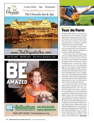 68 WASHINGTON STATE VISITORS’ GUIDE 2014 WWW.EXPERIENCEWA.COM
DISCOVERIES
Tour de Farm
Verdant Skagit Valley is known for its
winding river full of salmon and bald
eagles, picturesque dairy farms, patch-
work fields, and fertile farmland. More
than 90 crops are grown in the valley,
including berries, cucumbers, potatoes,
and those famously colorful tulips.
Now all of the sights, sounds, tastes,
and, yes, smells of the farm can be yours,
thanks to a burgeoning crop of Skagit Val-
ley farm tourism opportunities.
Hoehn Bend Farm (farmstayskagit.
com) near Sedro-Woolley offers guests
the chance to stay in a quaint turn-of-
the-20th-century farmhouse surrounded
by pastures, barns, and a host of critters,
including Polly, a rescued pig. Amble
around the farm’s 30 acres, help gather
eggs, feed the animals, or pick and press
a bundle of fall apples into cider. Stays are
also possible at Samish Bay Cheese Farm-
house (samishbaycheese.com), an organic
beef, pork, and farmstead cheese maker
at the base of the Chuckanut Mountains.
The modernized, 100-year-old farmhouse
makes a perfect base for exploring the
farm’s 200 acres and points beyond.
For a quick trip, check out the Skagit
Valley Festival of Family Farms (Oct 4–5;
festivaloffamilyfarms.com). The free,
family-friendly event offers a behind-
the-seeds glimpse of 14 working farms
producing everything from berries and
bulbs to cheese, wine, and shellfish. Farm
tours, hayrides, corn mazes, petting zoos,
gardening demos, and pony rides are on
the docket, as are bulb-planting seminars
at tulip titans RoozenGaarde (tulips.com),
a pie-eating contest at Sakuma Bros. Farms
(sakumamarketstand.com), and crab races
andoyster-shuckingdemosatTaylorShell-
fish (taylorshellfishfarms.com), located
along Chuckanut Drive in Bow. Parking
is free and shopping is plentiful, as are
those cow pies. Wear boots. —DIANE MAPES
PHOTOGRAPHBYGEMINICONNECT
HOEHN BEND FARMLuxury Hotel Spa Restaurant
Visit beautiful Bellingham on the bay and…
The Chrysalis Inn & Spa
www.TheChrysalisInn.com
360.756.1005 888.808.1005 804 10th St. Bellingham, WA
 