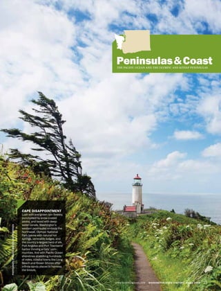 WWW.EXPERIENCEWA.COM WASHINGTON STATE VISITORS’ GUIDE 2014 77
Peninsulas&CoastTHE PACIFIC OCEAN AND THE OLYMPIC AND KITSAP PENINSULAS
CAPE DISAPPOINTMENT
Lush with evergreen rain forests,
punctuated by snow-coated
peaks, and laced with deep-
water canals, Washington’s
western peninsulas embody the
Northwest. Olympic National
Park teems with natural hot
springs, venerable lodges, and
the country’s largest herd of elk.
Port Angeles and Port Townsend
harbor thriving artists’ com-
munities. And with Pacific Ocean
shorelines stretching hundreds
of miles, coastal towns like Long
Beach and Ocean Shores offer
infinite sandy places to harness
the breeze.
PHOTOGRAPHBYJOANNSNOVER/SHUTTERSTOCK
 
