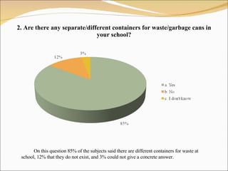 2 .  Are there any separate/different containers for waste/garbage cans in your school? On this question 85% of the subjects said the re  are different containers for waste  at school , 12% that  they  do not exist, and 3% could not give a concrete answer. 