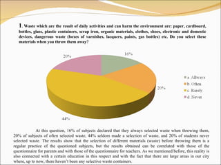1 .  Waste which are the result of daily activities and can harm the environment are: paper, cardboard, bottles, glass, plastic containers, scrap iron, organic materials, clothes, shoes, electronic and domestic devices, dangerous waste (boxes of varnishes, lacquers, paints, gas bottles) etc. Do you select these materials when you throw them away? At this question,  16%  of subjects declared that they   always  select ed   waste when throwing  the m , 20%  of subjects of often selected waste , 44%  seldom made a selection of waste ,  and  20%  of students never selected waste .  The results show that the selection of different materials  ( waste )  before throwing them is a regular practice of the questioned subjects, but the results obtained can be correlated with those of the questionnaire for parents and with those of the questionnaire for teachers. As we mentioned before, this reality is also connected with a certain education in this respect and with the fact that there are large areas in our city where, up to now, there haven’t been any selective waste containers.  