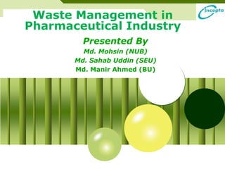 Waste Management in 
Pharmaceutical Industry 
Presented By 
Md. Mohsin (NUB) 
Md. Sahab Uddin (SEU) 
Md. Manir Ahmed (BU) 
 