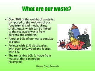 What are our waste?   Over 30% of the weight of waste is composed of the residues of our food (remains of meals, skins, shells, etc..), which can be linked to the vegetable waste from gardens and orchards.  Another 30% of our waste consists of paper.  Follows with 11% plastic, glass with over 10%, wood and fabrics with 5%.  The remaining 10% is made from material that can not be recovered.  