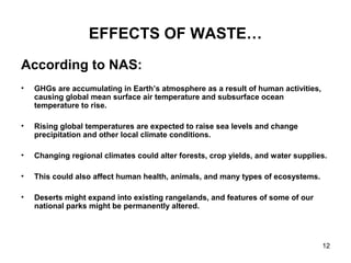 12
EFFECTS OF WASTE…
According to NAS:
• GHGs are accumulating in Earth’s atmosphere as a result of human activities,
causing global mean surface air temperature and subsurface ocean
temperature to rise.
• Rising global temperatures are expected to raise sea levels and change
precipitation and other local climate conditions.
• Changing regional climates could alter forests, crop yields, and water supplies.
• This could also affect human health, animals, and many types of ecosystems.
• Deserts might expand into existing rangelands, and features of some of our
national parks might be permanently altered.
 