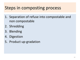Steps in composting process
1. Separation of refuse into compostable and
non compostable
2. Shredding
3. Blending
4. Digestion
5. Product up-gradation
19
 