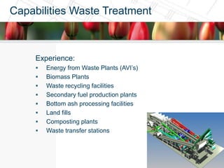 Capabilities Waste Treatment



     Experience:
        Energy from Waste Plants (AVI’s)
        Biomass Plants
        Waste recycling facilities
        Secondary fuel production plants
        Bottom ash processing facilities
        Land fills
        Composting plants
        Waste transfer stations
 