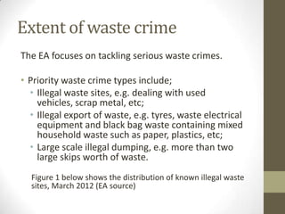 Extent of waste crime
The EA focuses on tackling serious waste crimes.

• Priority waste crime types include;
  • Illegal waste sites, e.g. dealing with used
    vehicles, scrap metal, etc;
  • Illegal export of waste, e.g. tyres, waste electrical
    equipment and black bag waste containing mixed
    household waste such as paper, plastics, etc;
  • Large scale illegal dumping, e.g. more than two
    large skips worth of waste.
  Figure 1 below shows the distribution of known illegal waste
  sites, March 2012 (EA source)
 