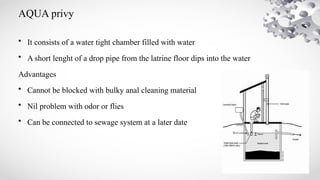 AQUA privy
• It consists of a water tight chamber filled with water
• A short lenght of a drop pipe from the latrine floor dips into the water
Advantages
• Cannot be blocked with bulky anal cleaning material
• Nil problem with odor or flies
• Can be connected to sewage system at a later date
 